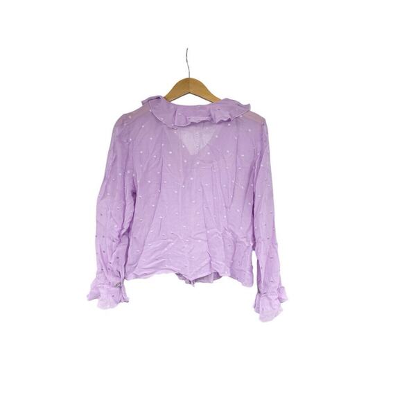 Vintage Y2K Worthington Purple Ruffle Swiss Dot Blouse Silk Fairy Womens 10 - Picture 3 of 5